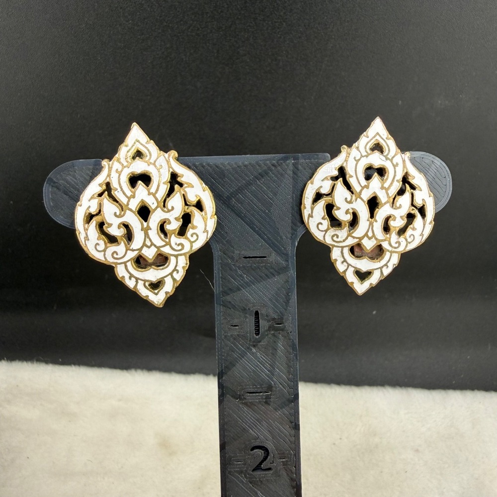 Vintage‎ Siam Sterling Earrings White Enamel Flame Gold Tone